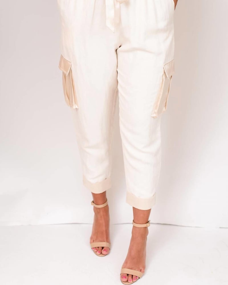 Front of a model wearing a size L Harley Pant in Ivory in Ivory by Cami NYC. | dia_product_style_image_id:338554
